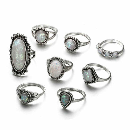 Iridescent & Silvertone Long Oval Ring Set