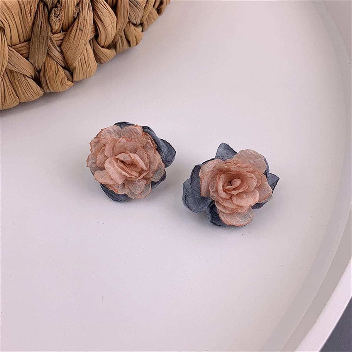 Pink & Blue Chiffon & Silvertone Flower Stud Earrings
