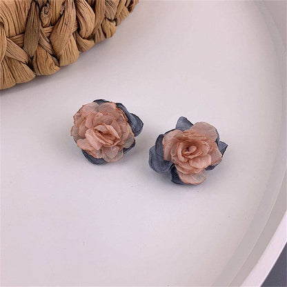 Pink & Blue Chiffon & Silvertone Flower Stud Earrings