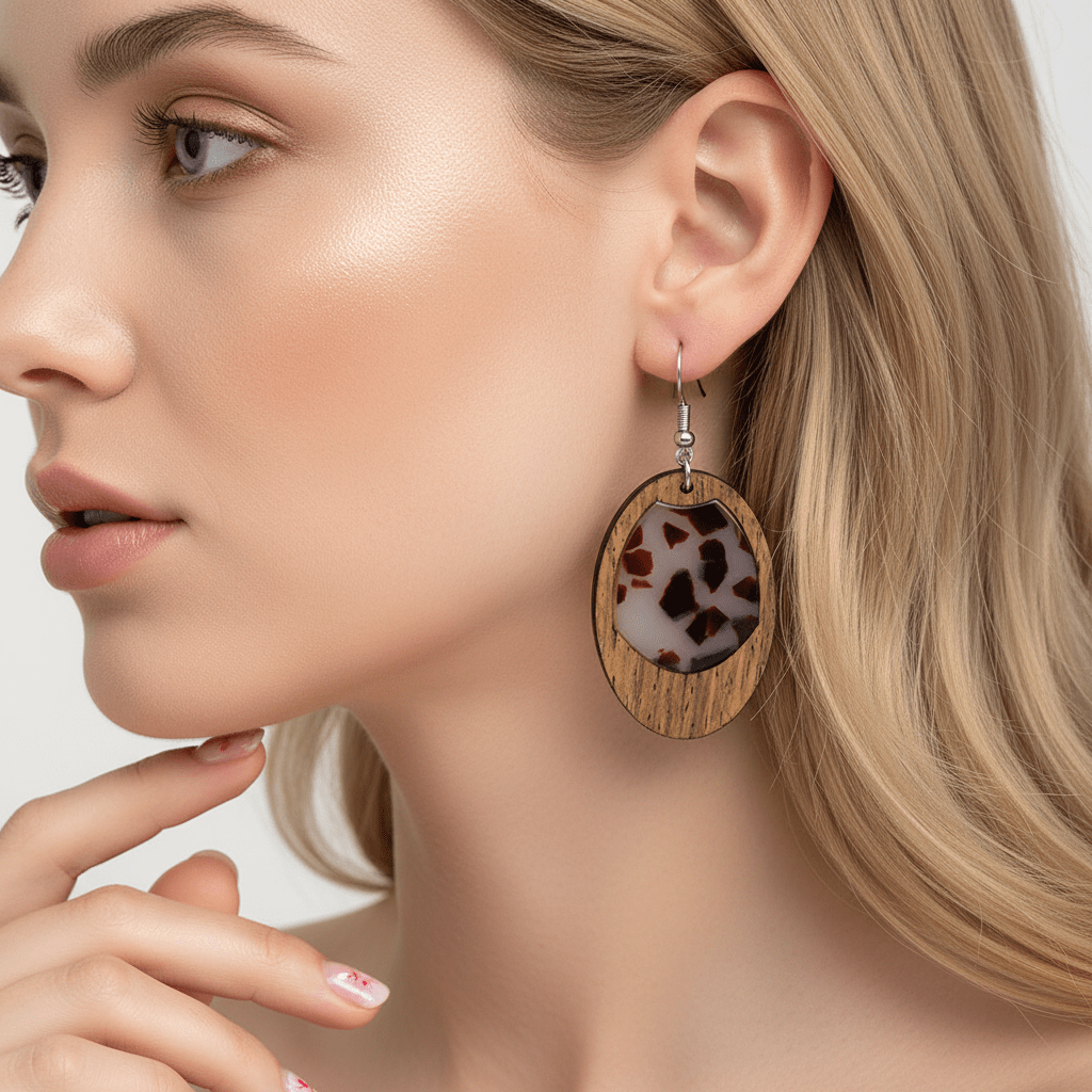 Brown Resin & Wood Silvertone Leopard Print Oval Hook Earrings