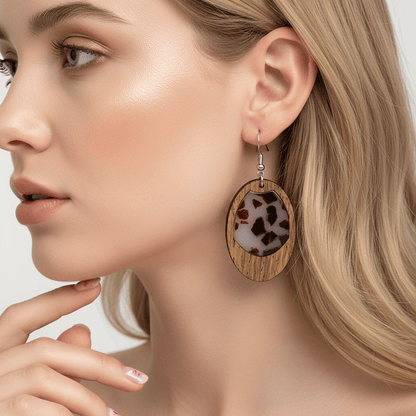 Brown Resin & Wood Silvertone Leopard Print Oval Hook Earrings
