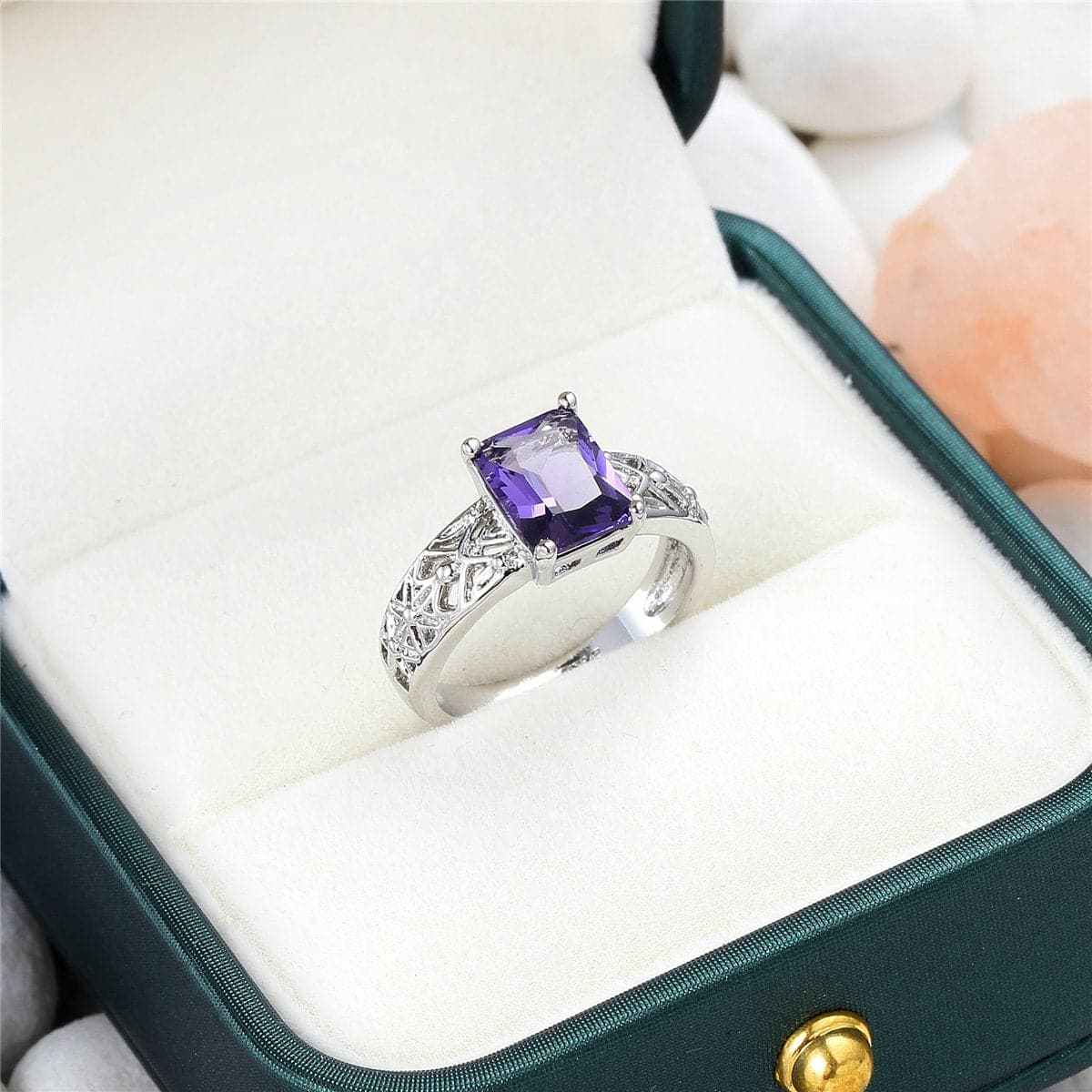 Purple Crystal & Silvertone Filigree-Accent Ring