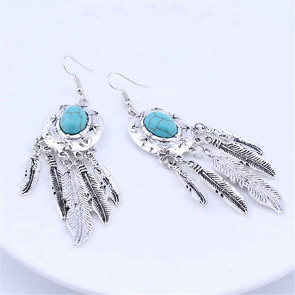 Turquoise & Silvertone Feather Drop Earrings