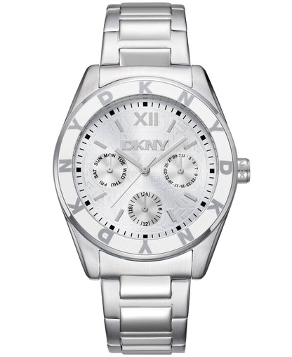Dkny Women Watch, Silver Color Case, Silver Dial, Stainless Steel Metal Bracelet, Multi-Function, 5 Atm