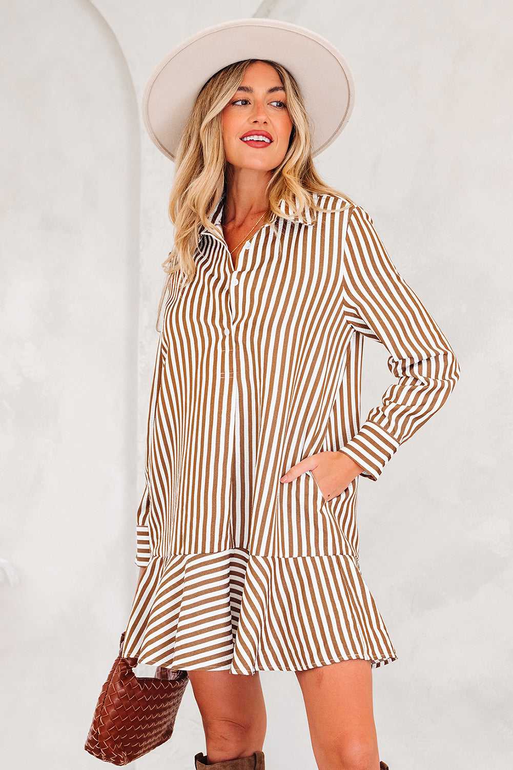 Yamileth Shirt Mini Dress Long Sleeve Top - Brown Stripe / L - 12/14