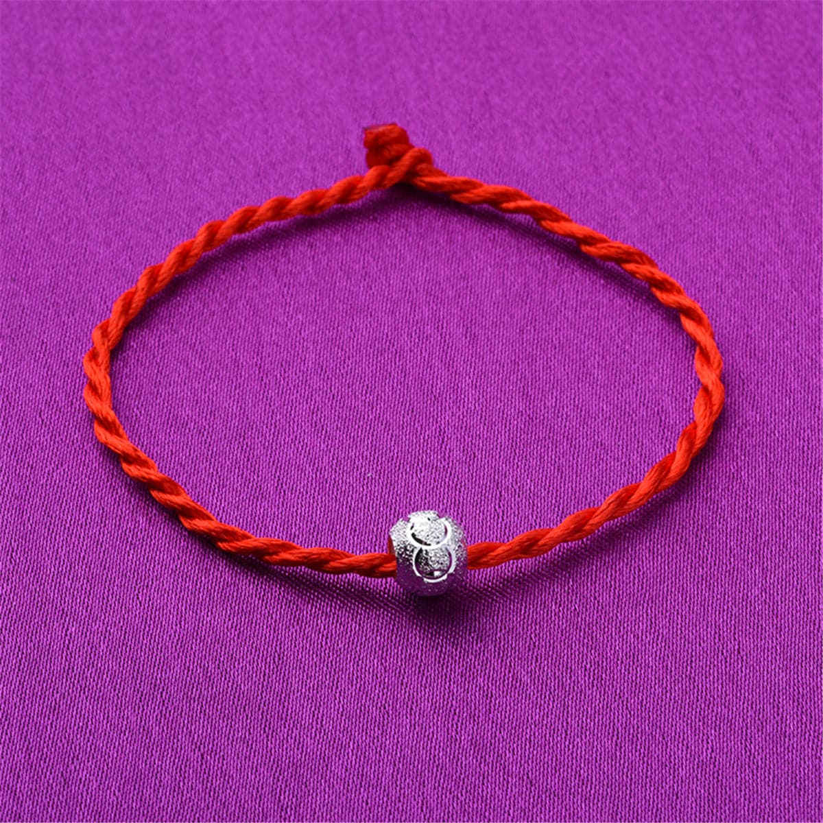 Red Polyster & Silvertone Frosted Bead-Accent Lucky Anklet