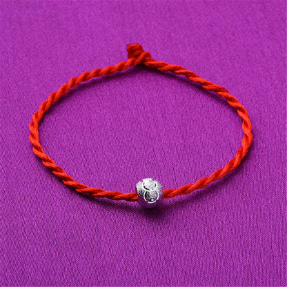 Red Polyster & Silvertone Frosted Bead-Accent Lucky Anklet