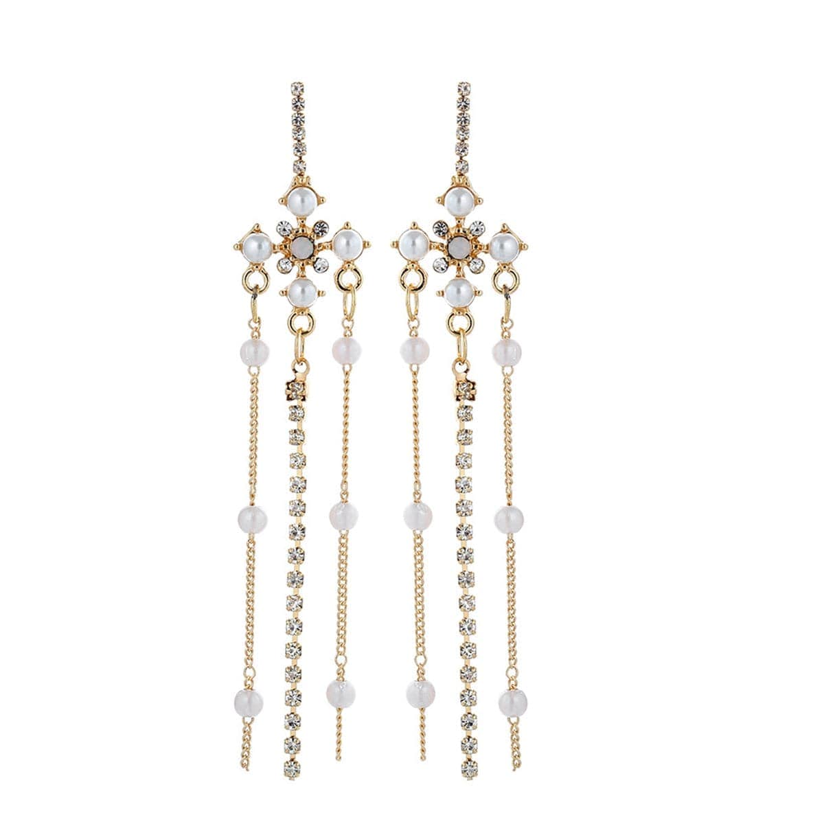 Pearl & Cubic Zirconia Goldtone Beaded Tassel Drop Earrings