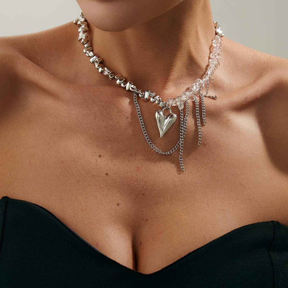Clear Acrylic & Silvertone Heart Pendant Tassel Necklace