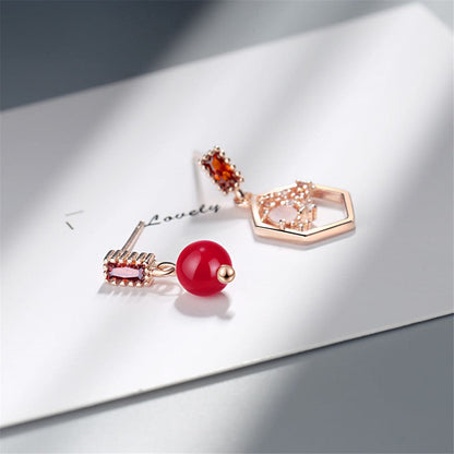 Cubic Zirconia & Red Pearl Rose Goldtone Mismatched Drop Earrings