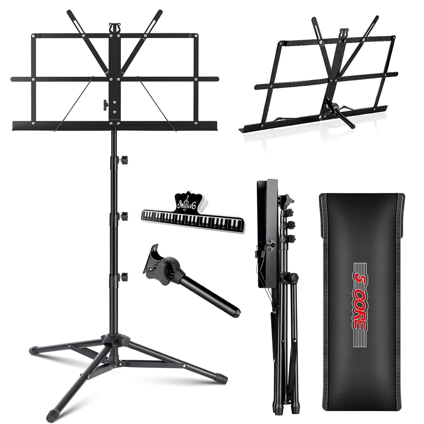 5 Core Music Stand for Sheet Music Portable Tripod Adjustable Folding Note Holder - Black