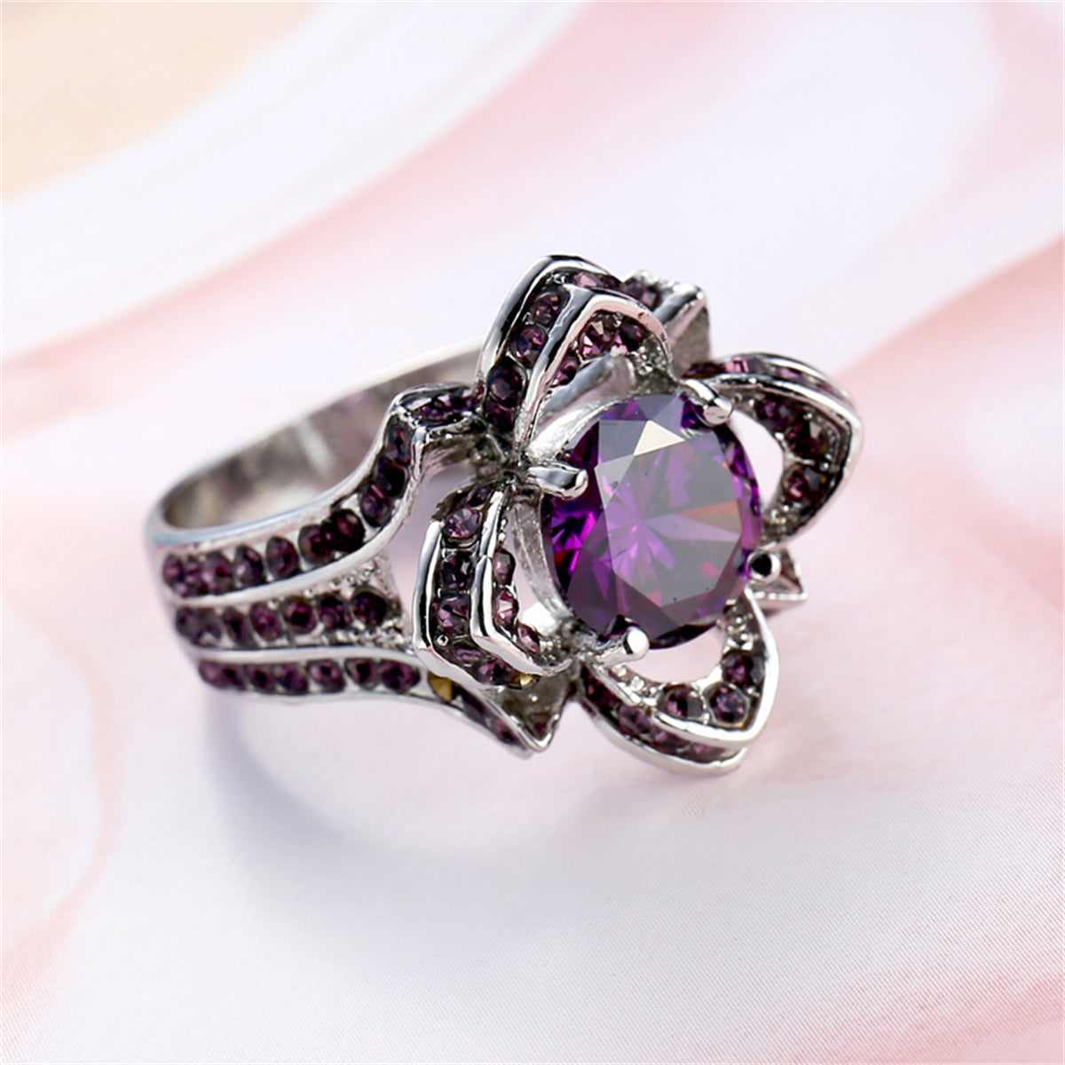 Purple Crystal & Purple Cubic Zirconia Floral Openwork Round Ring-5