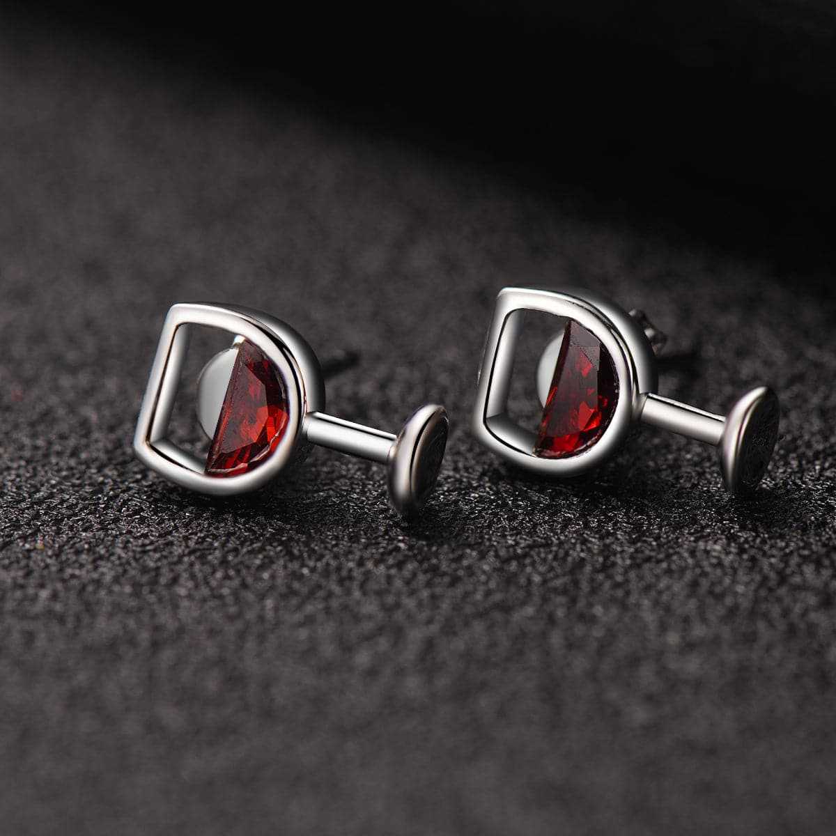 Red Crystal & Silvertone Wine Cup Stud Earring