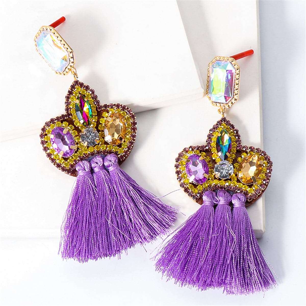 Purple Crystal & Cubic Zirconia Tassel Drop Earrings