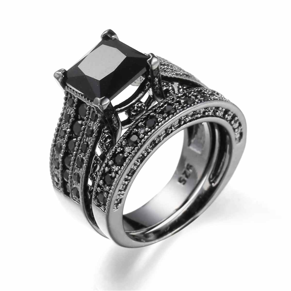 Black Crystal & Cubic Zirconia Band Ring Set-3