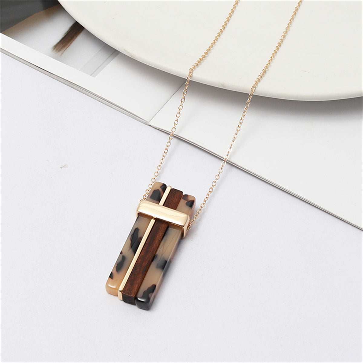 Coffee Resin & Wood Goldtone Bars Pendant Necklace