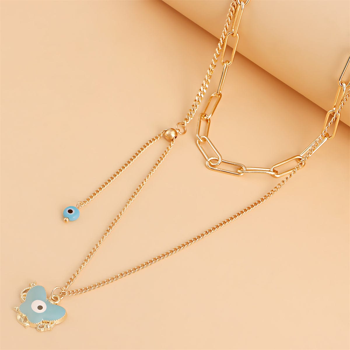 Blue Enamel & Goldtone Eye Butterfly Layered Drop Pendant Necklace
