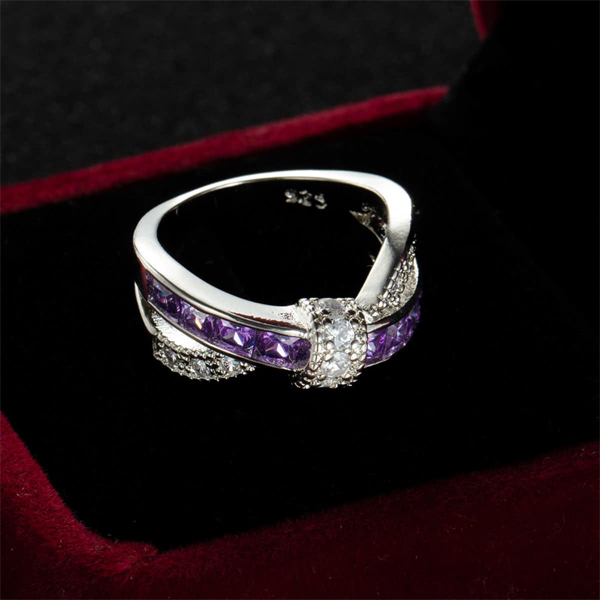 Purple Crystal & Cubic Zirconia Openwork Twist Princess-Cut Ring-1