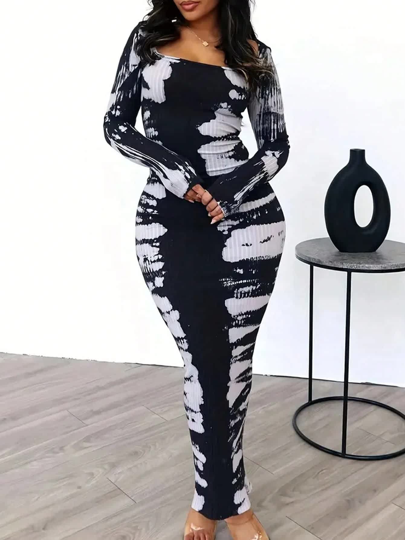 Chic YC Women's Ribbed Tie Dye Bodycon Maxi Dress Square Neck Long Sleeve Casual Evening Dress Orange / S