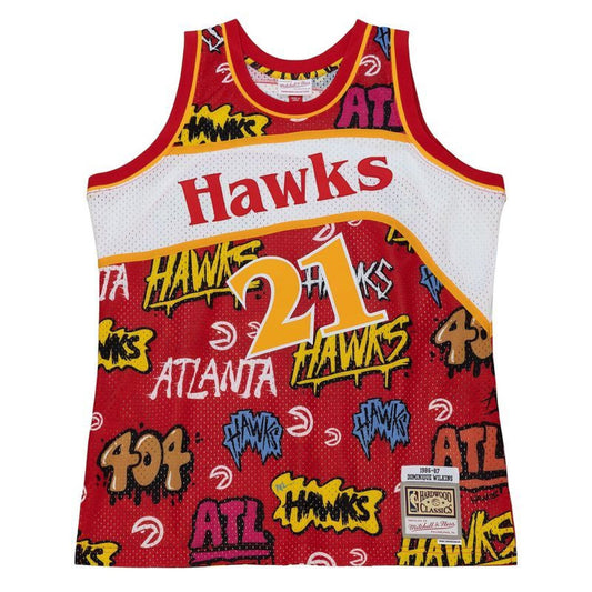Men's Mitchell & Ness Slap Sticker Swingman Jersey Hawks 1986 Dominique Wilkins