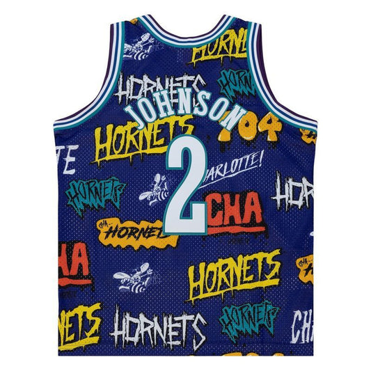 Men's Mitchell & Ness Slap Sticker Swingman Jersey Hornets 1994 Larry Johnson
