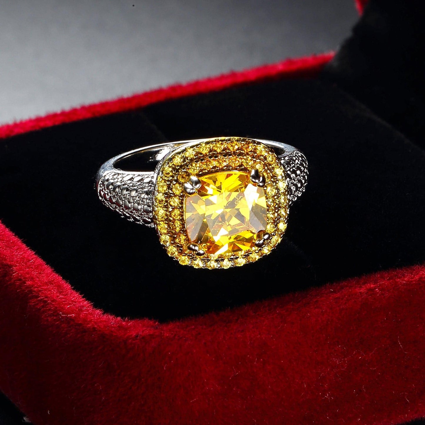 Yellow Crystal & Cubic Zirconia Princess-Cut Halo Ring-1
