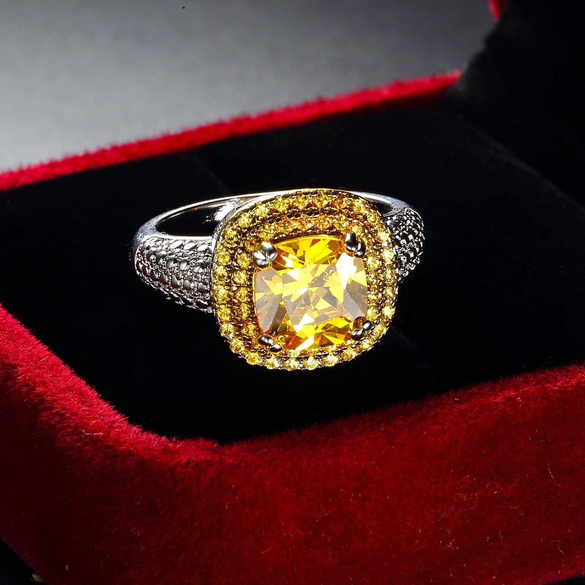 Yellow Crystal & Cubic Zirconia Princess-Cut Halo Ring-1