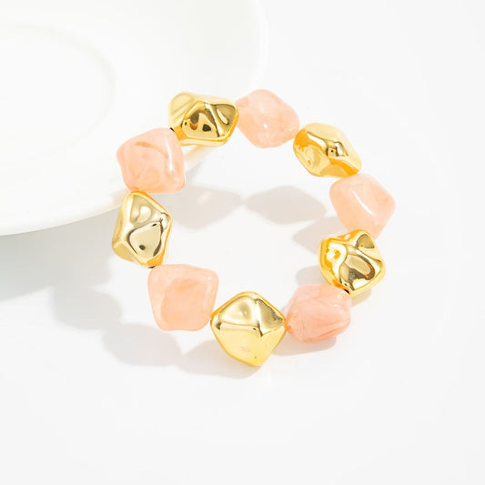 Pink Resin & Goldtone Irregular Beads Station Stretch Bracelet
