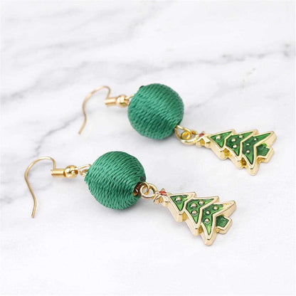 Green Polyster & Enamel Goldtone Christmas Tree & String Ball Drop Earrings