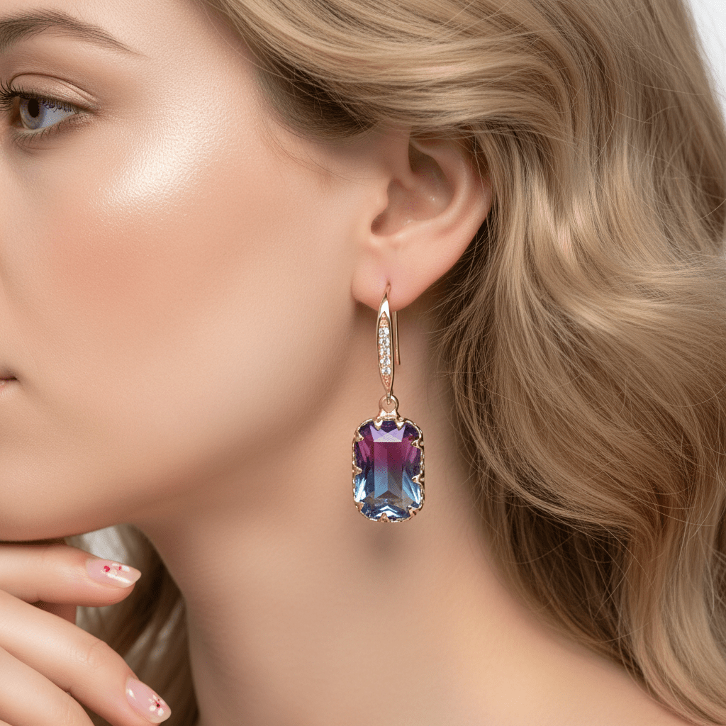 Purple Crystal & Cubic Zironcia Goldtone Rectangle Hook Earrings