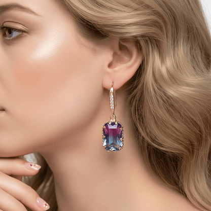 Purple Crystal & Cubic Zironcia Goldtone Rectangle Hook Earrings