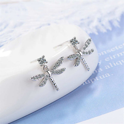 Cubic Zirconia & Silvertone Dragonfly Dangle Earrings