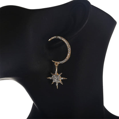 Cubic Zirconia & Goldtone Moon & Star Dangle Earrings