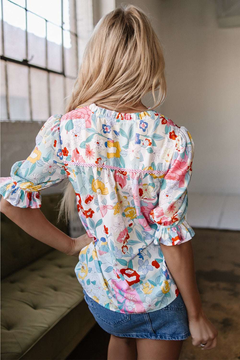 Threaded Pear Solana Boho Flower Half Puff Sleeve Blouse