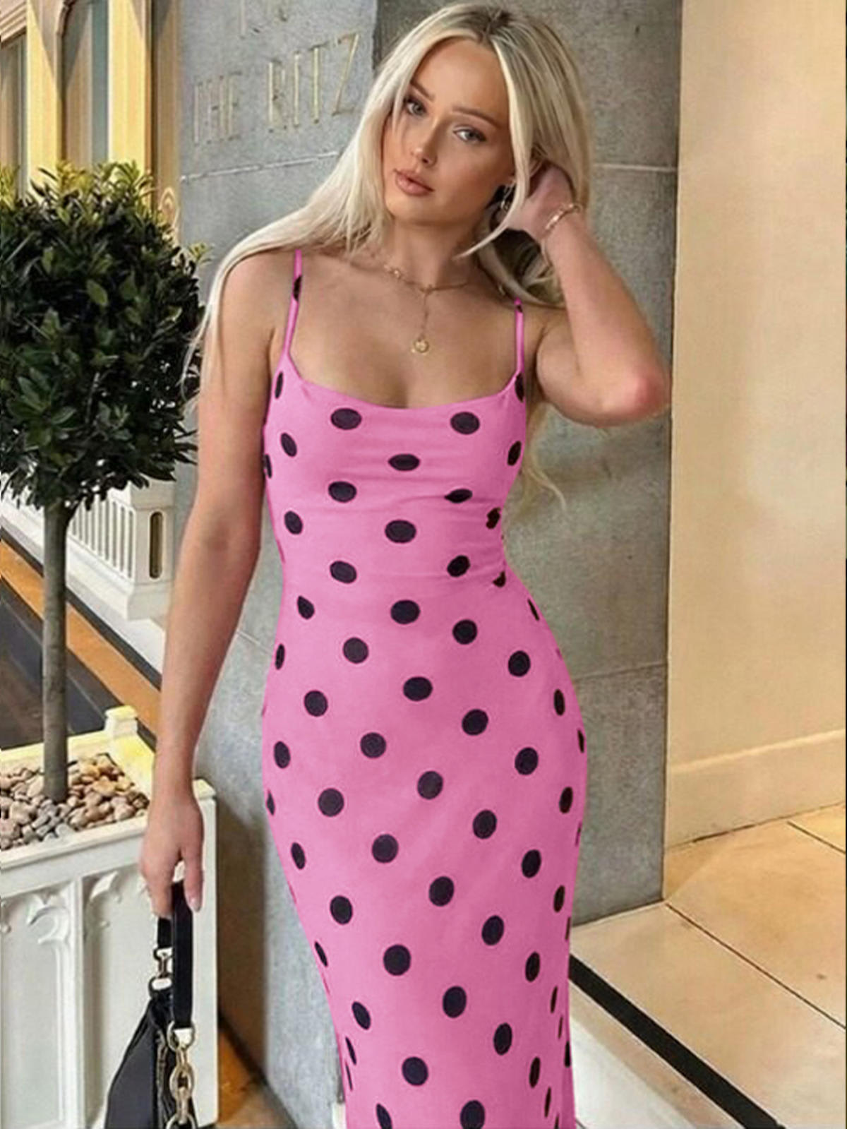 Chic YC Women's Polka Dot Maxi Dress Backless Criss Cross Strap Bodycon Summer Party Dress Rosedot / L Chic YC Women's Polka Dot Maxi Dress Backless Criss Cross Strap Bodycon Summer Party Dress Rosedot / L