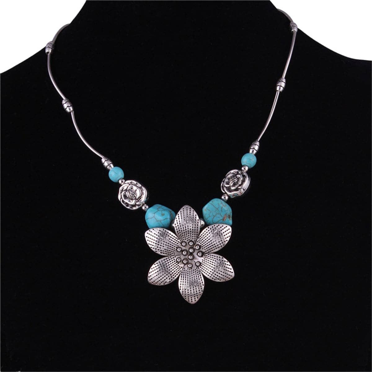 Turquoise & Silvertone Flower Pendant Necklace