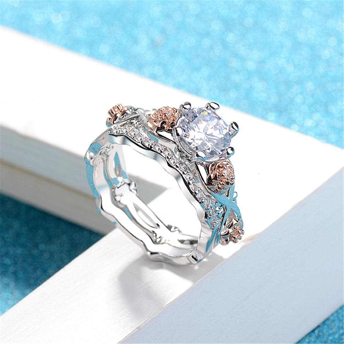 Cubic Zirconia & Two-Tone Flower Band Ring Set-3