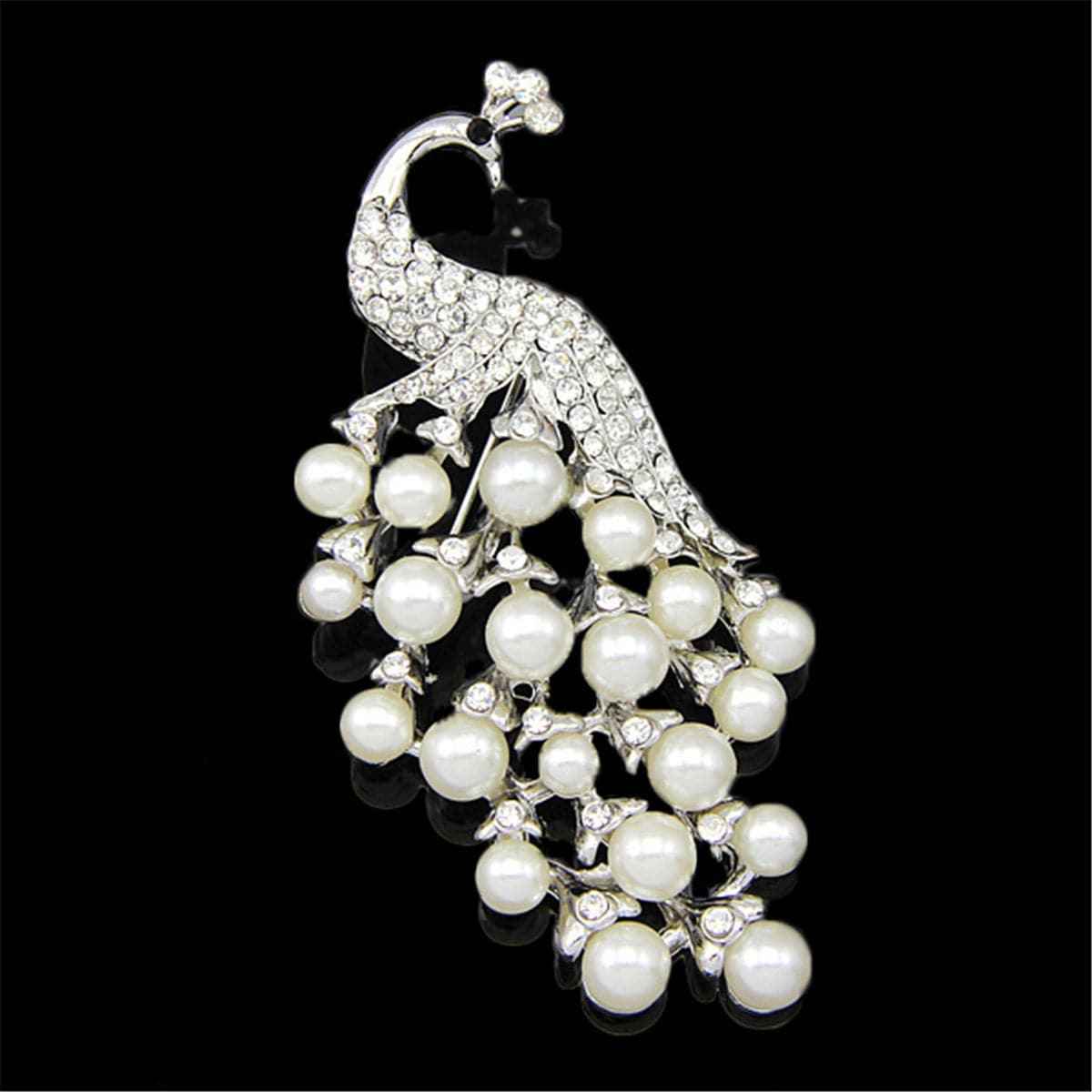 Pearl & Cubic Zirconia Silvertone Peacock Pavé-Set Brooch