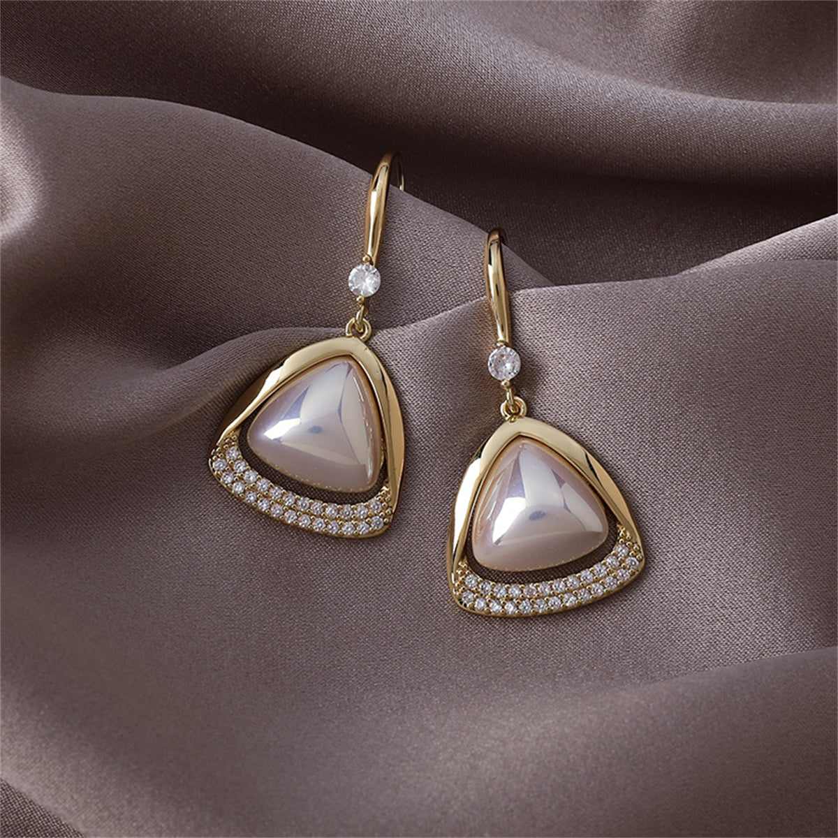 Pearl & Cubic Zirconia Goldtone Open-Triangle Drop Earrings