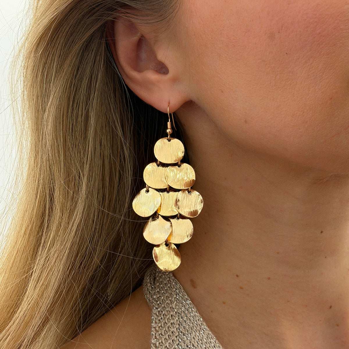 Goldtone Textured Disc Tassel Dangle Earrings