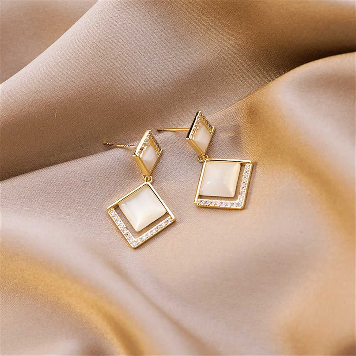 Cubic Zirconia & Cat's Eye Goldtone Rhombus Drop Earrings