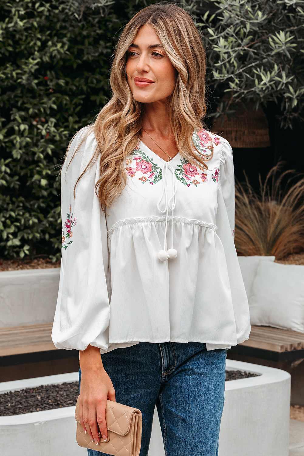 Threaded Pear Skylar Flower Lace-up Babydoll Blouse
