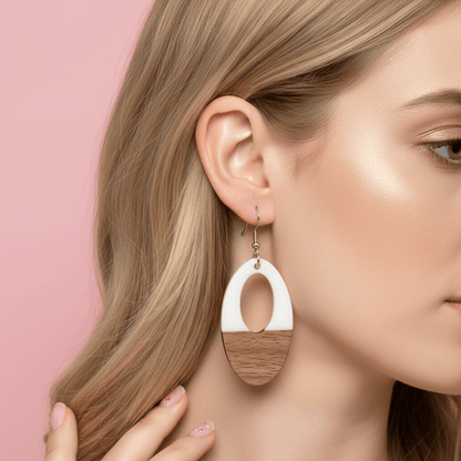 White Resin & Wood Silvertone Open Oval Hook Earrings