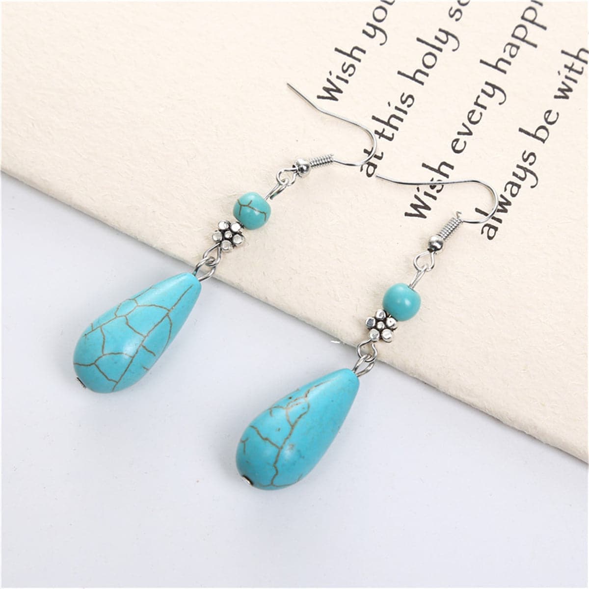 Turquoise & Silvertone Pear-Cut Drop Earrings