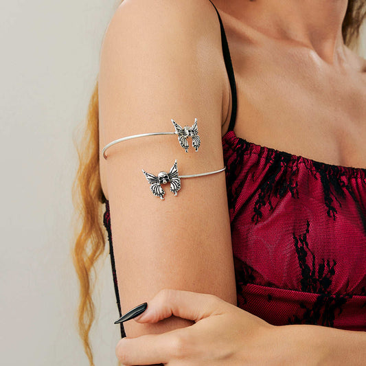 Silvertone Dual-Skull-Butterflies Bypass Arm Cuff