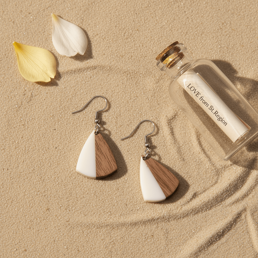 White Resin & Wood Silvertone Shield Hook Earrings