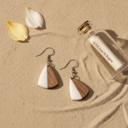 White Resin & Wood Silvertone Shield Hook Earrings
