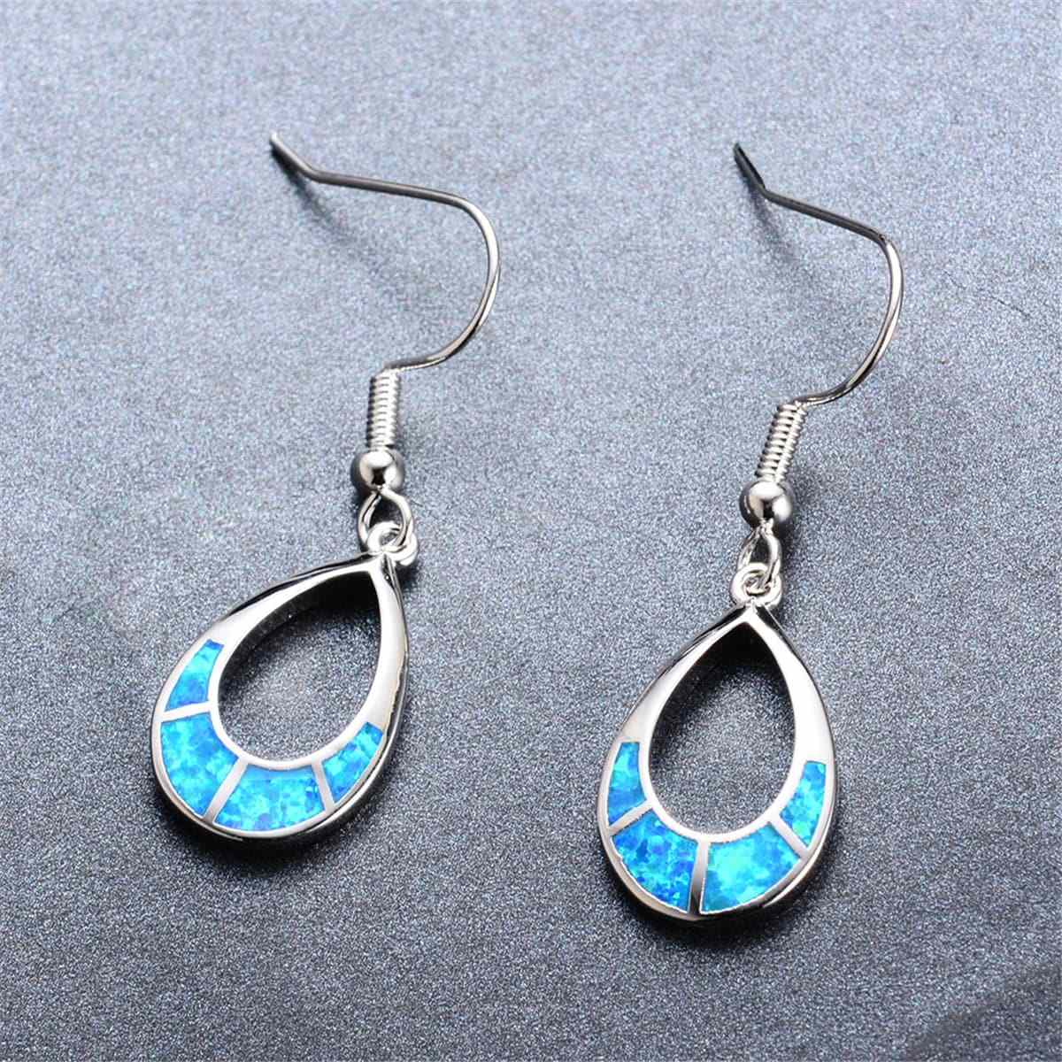 Blue Opal & Silvertone Open Teardrop Earrings