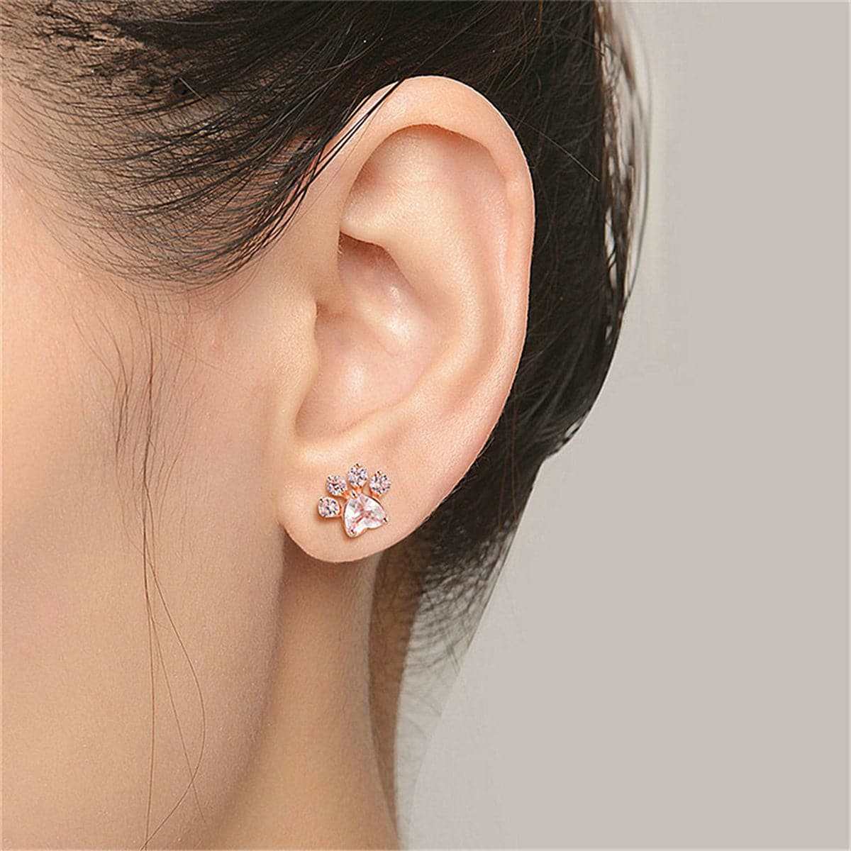 Pink Crystal & Rose Goldtone Paw Print Stud Earrings
