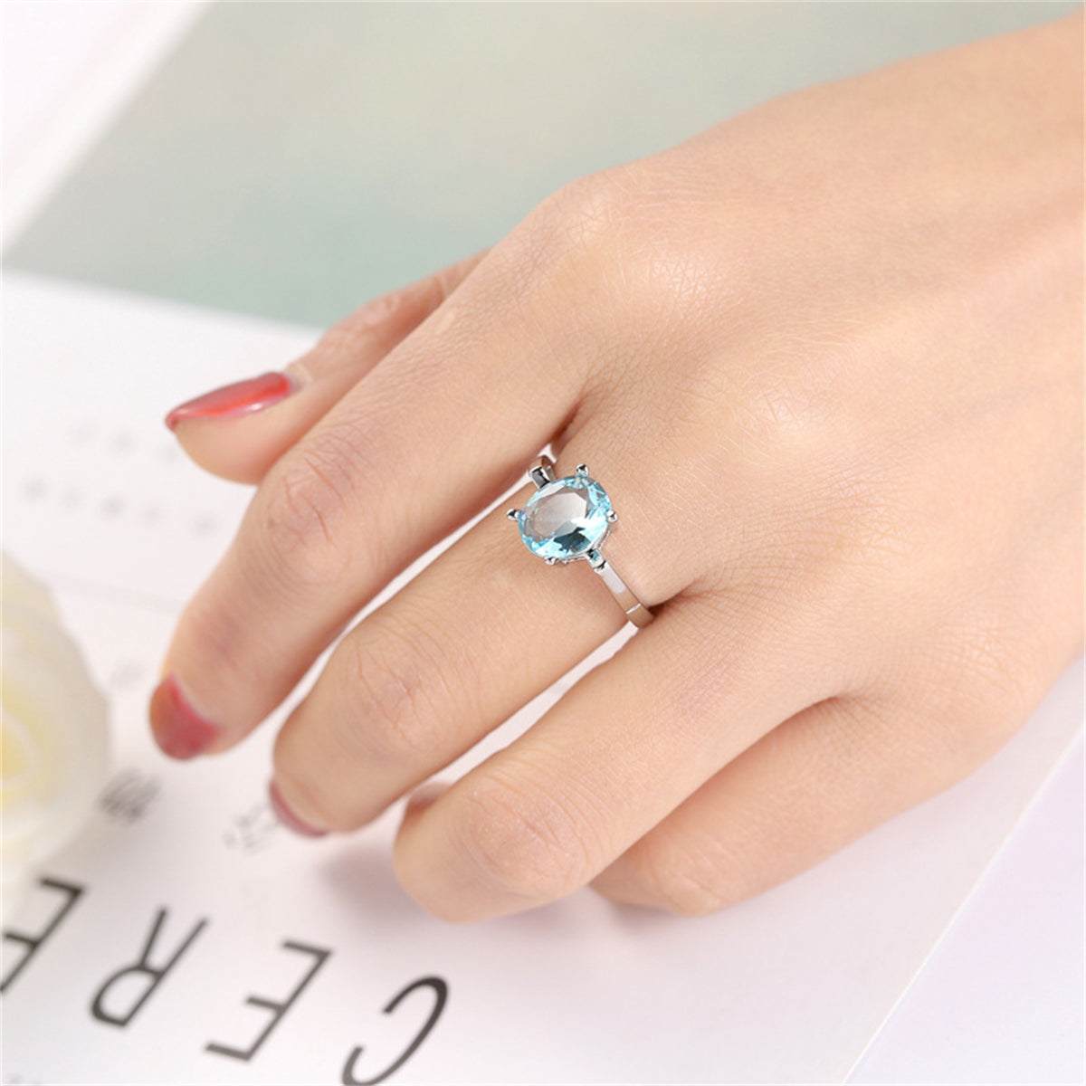 Sea Blue Crystal & Silvertone Openwork Geometric Oval-Cut Ring-4